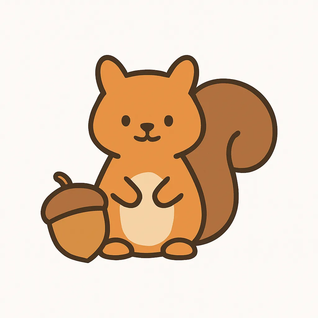 秋イラスト簡単のリスとドングリ｜リスと大きなどんぐりを組み合わせたシンプルな秋のワンポイントイラスト。太めの輪郭線と優しい茶系カラーで描かれ、子どもにも親しみやすい秋イラスト簡単デザイン。