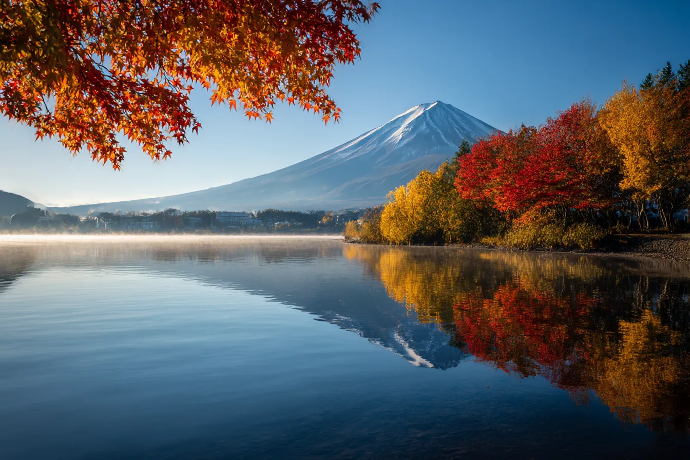秋の風景・写真に映る紅葉の湖畔と富士｜朝の光が紅葉と湖を優しく包み、富士山の稜線が澄んだ空に映える。彩度を抑えた写実的な写真表現が、静謐で清らかな秋の自然の美しさを際立たせている。