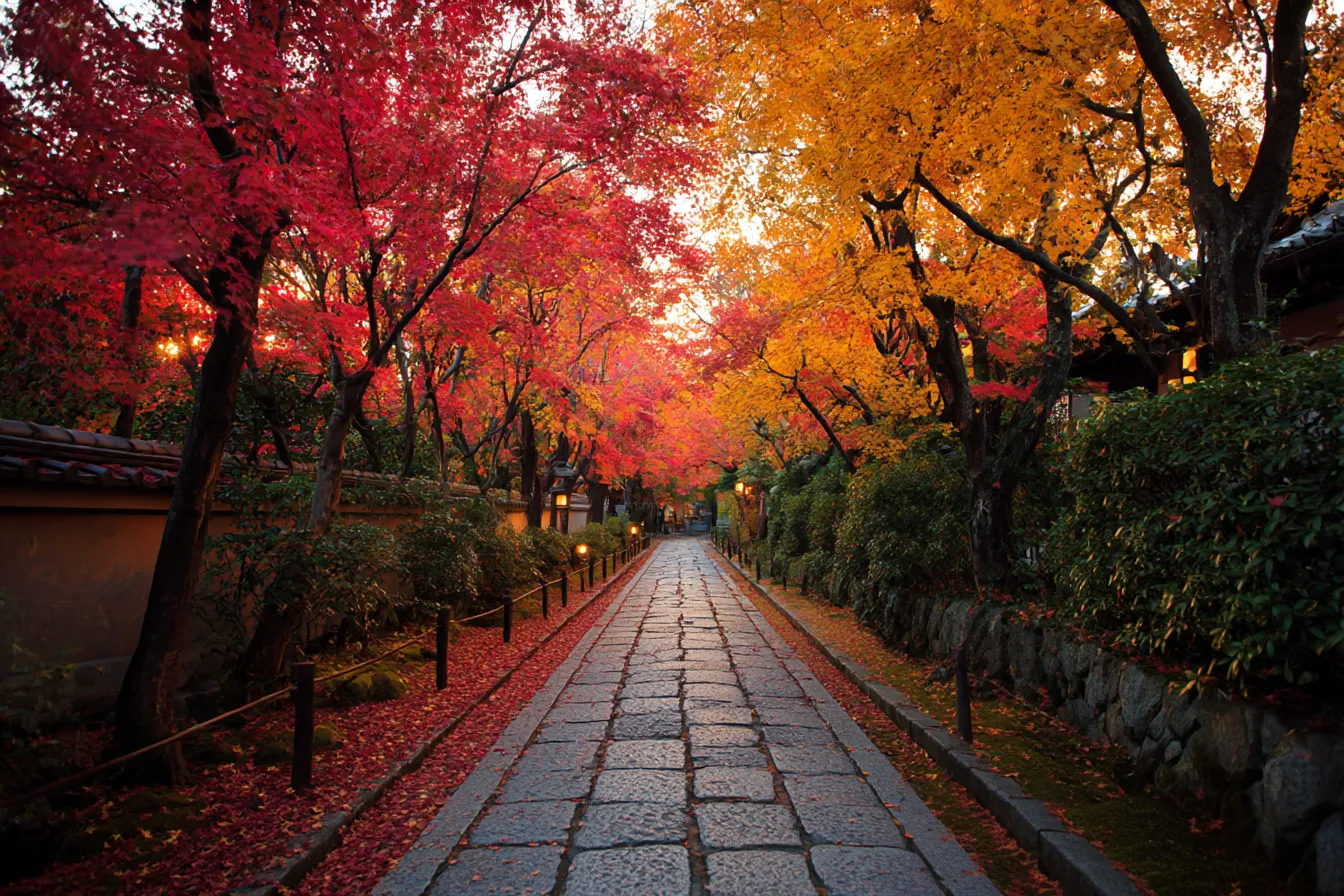 秋の風景・写真に映る紅葉の石畳小径｜紅葉が覆う参道のような石畳の小道が奥へと続き、灯りとともに温もりを感じる秋の情景。日本の伝統美を映したような、落ち着いた雰囲気の写真表現。