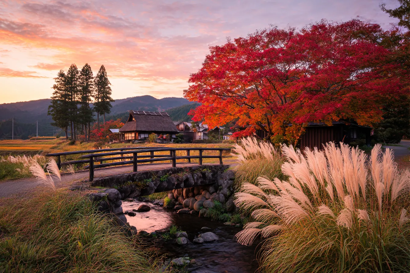 秋の紅葉・写真に映る古民家と赤紅葉｜赤く染まった紅葉とススキが囲む古民家が、夕暮れの空の下で美しく映える。日本の原風景をそのまま切り取ったような構図と写実的な質感が印象的。