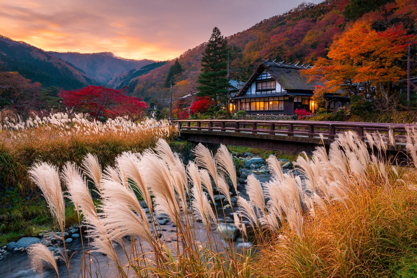 秋の紅葉・写真に映る渓流と茅葺の宿｜紅葉に染まる山あいの渓流沿いに建つ茅葺屋根の宿が、夕暮れにほのかに灯る光と共にあたたかく映える。写真ならではの緻密な光と色が秋の情緒を深める。