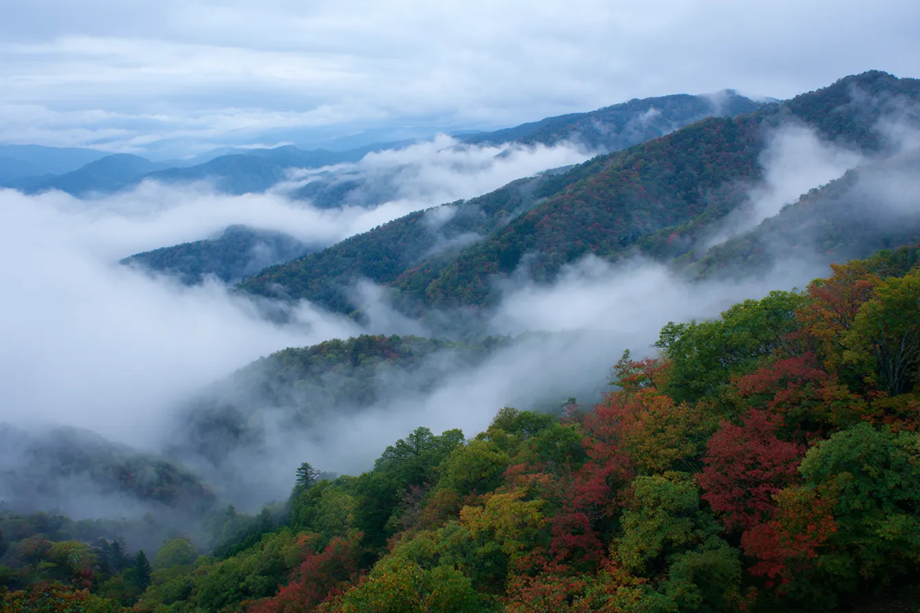秋の雲・写真に映る霧に包まれた山々｜朝霧が山々を優しく包み、赤や黄に色づき始めた木々と共に幻想的な風景を描き出す。柔らかい空気感とリアルな自然の重なりが、静寂と秋らしさを深く印象づける。