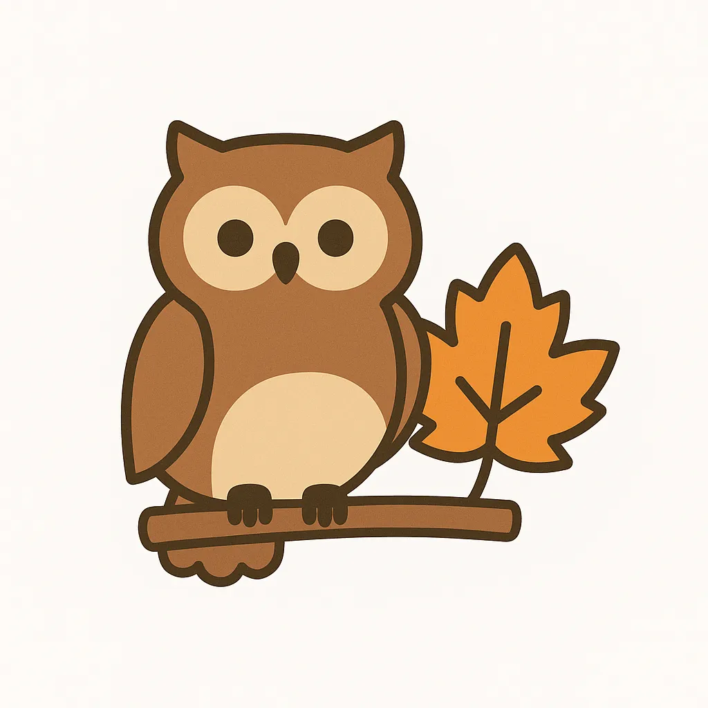 秋イラスト簡単のふくろうと紅葉｜枝にとまるふくろうと1枚の紅葉が印象的な構図。シンプルながら愛嬌のある表情と落ち着いた色合いで、ほっこりとした秋イラスト簡単シリーズにぴったり。