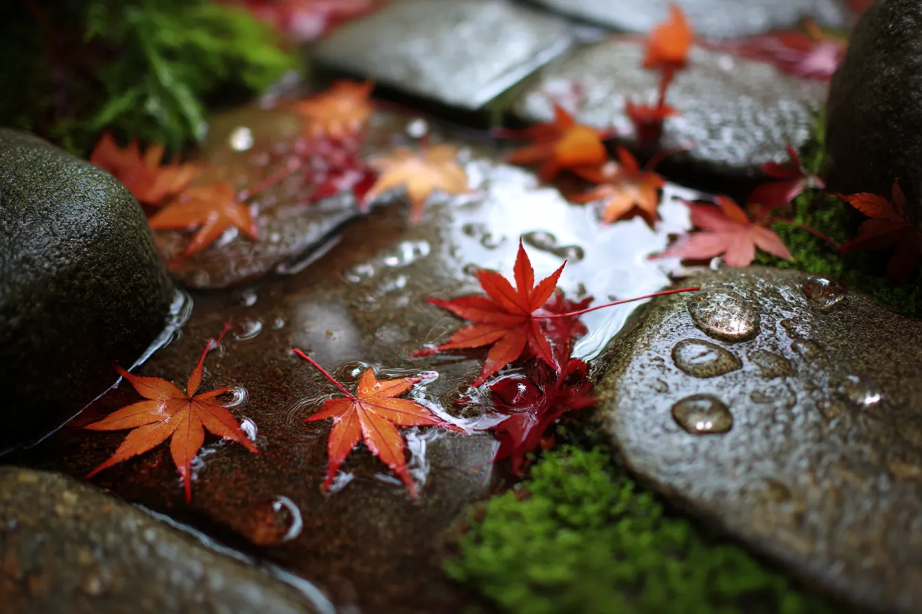 秋雨・写真に映る石畳と紅葉の水面｜石畳の間を満たす雨水に浮かぶ紅葉が鮮やかに描かれる。水面の質感と光の映り込みが美しく、和風の趣を感じさせる落ち着いた写真表現。