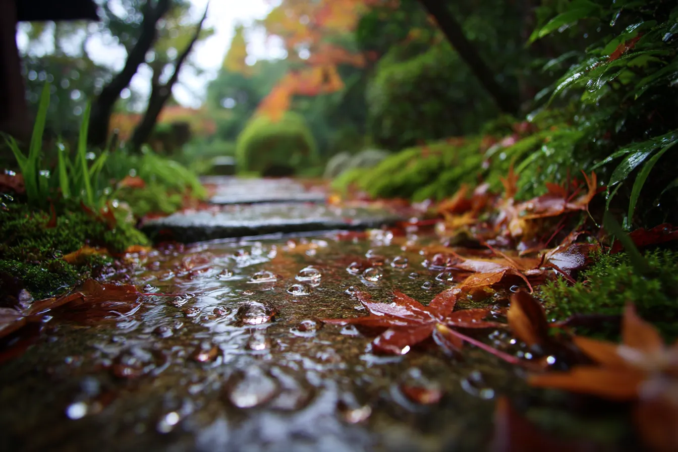 秋雨・写真に映る庭道と流れる雨粒｜日本庭園の小道を雨が流れ、紅葉が水とともに散らばる構図。濡れた地面の反射と水滴の細やかさが繊細で、雨の日の静けさと情緒を丁寧に描く。