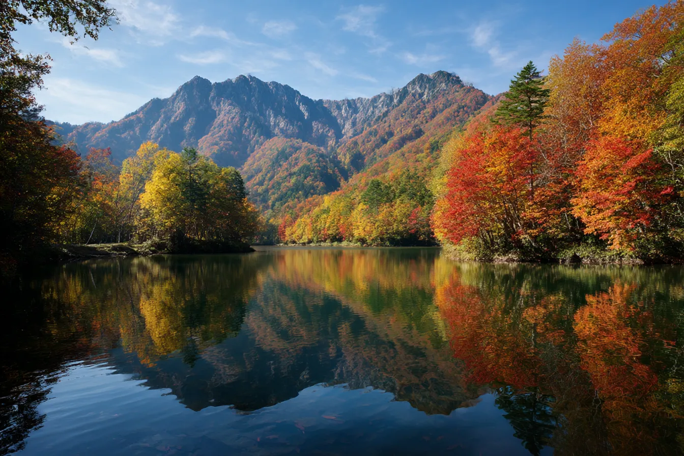 秋の山と湖の紅葉写真風景｜澄んだ湖に紅葉が映える、ダイナミックな秋の山の風景写真。色彩のコントラストが鮮やかで、青空と山並みが奥行きを感じさせる壮麗な構図です。