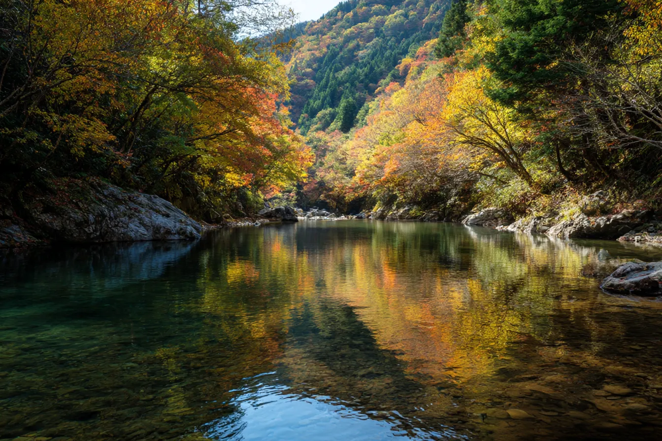 渓谷に映える秋の山写真｜川の流れに沿って色づいた紅葉が広がる秋の山の写真。透明度の高い水面に木々が映り込み、静けさと奥深さを感じる渓谷の一瞬を切り取っています。