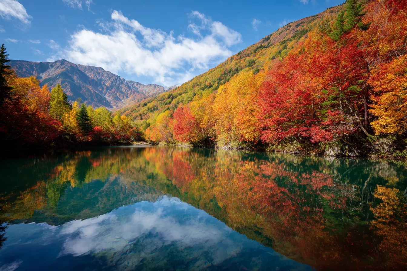 秋の山と青空の写真作品｜紅葉に染まる山肌と澄み渡る空が印象的な秋の山の写真。水面に反射した雲と木々が幻想的な世界を描き、鮮やかで開放感ある仕上がりです。