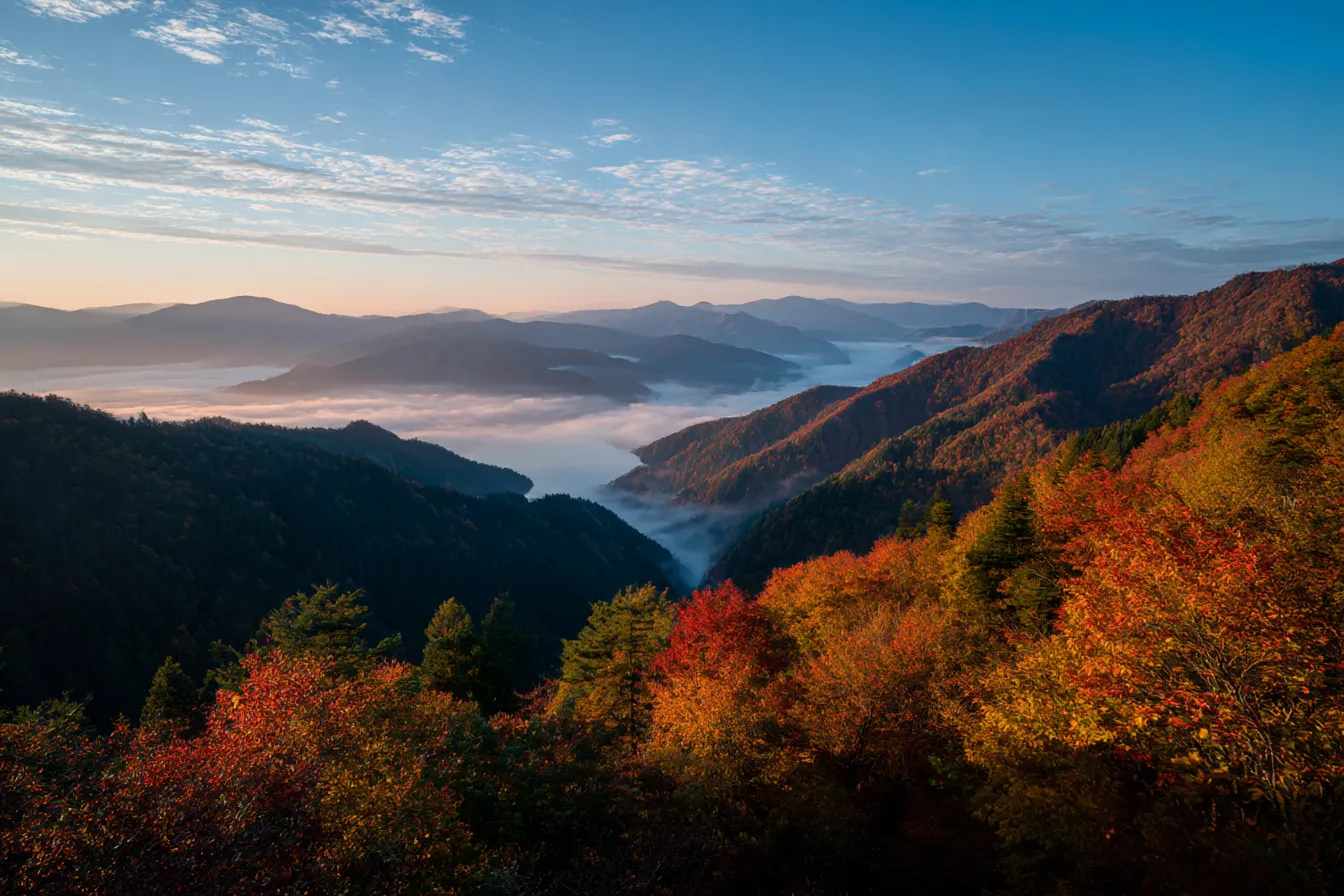 朝霧に包まれた秋の山写真｜朝焼けと霧が織りなす幻想的な秋の山の風景写真。遠く連なる山々が淡いブルーに染まり、手前の紅葉が温かさを加える詩的な構図です。