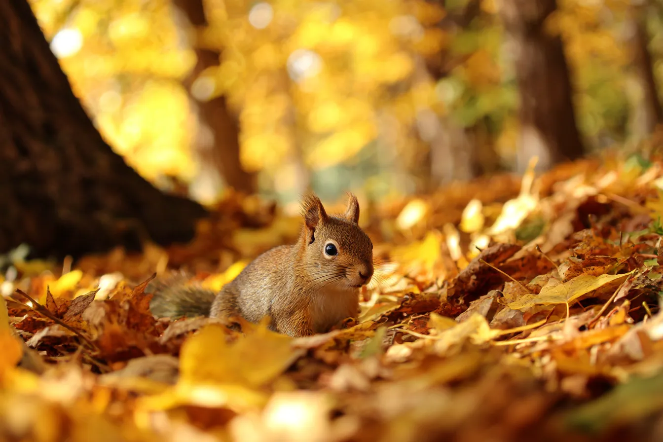 秋の動物写真・リスの落葉散歩｜黄色く色づいた落ち葉に囲まれた中で、リスがちょこんと佇む秋の動物写真。ふんわりとしたボケ味と暖色の光が、優しく温もりある秋の森を演出します。