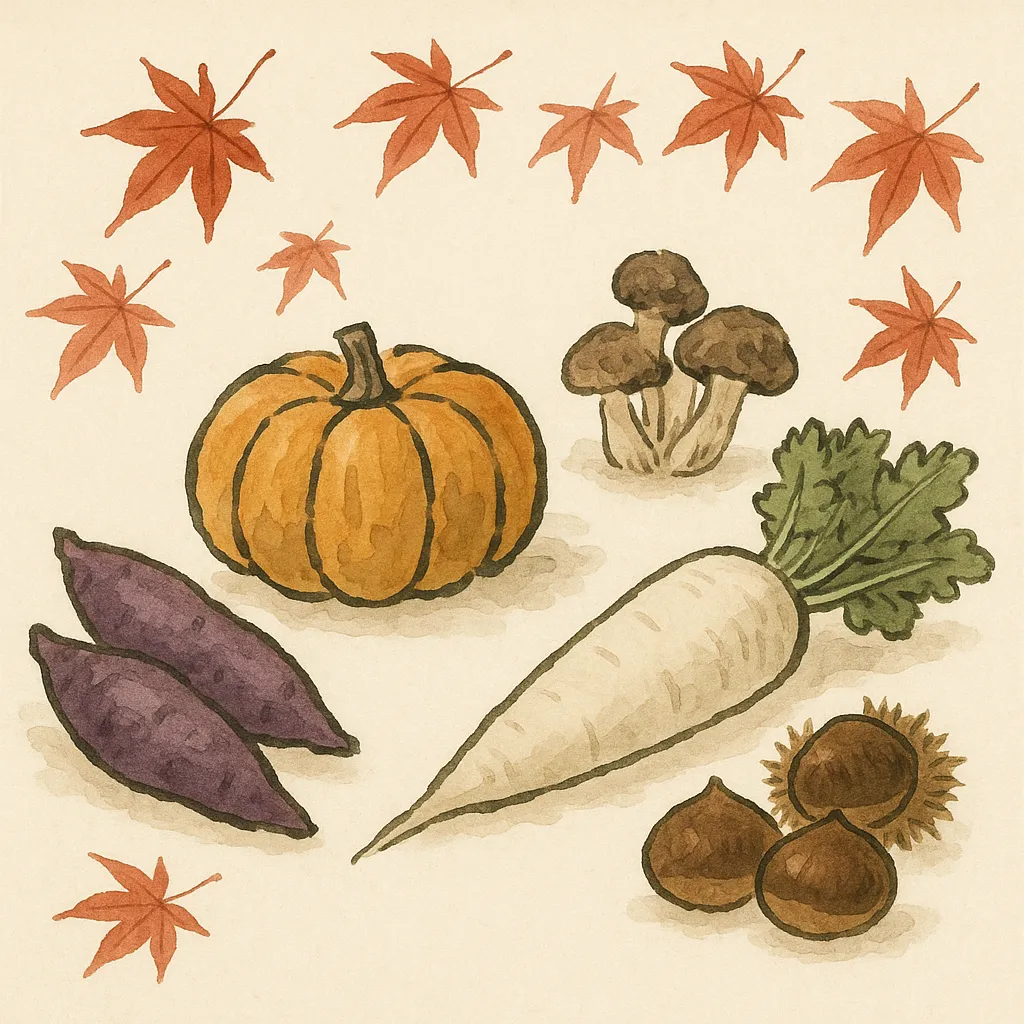 秋の野菜と紅葉の水彩イラスト｜秋の野菜と紅葉を優しい水彩タッチで描いた一枚。かぼちゃやさつまいも、大根などが素朴な風合いでまとめられ、全体に温かみのあるナチュラルな雰囲気が漂う構成。