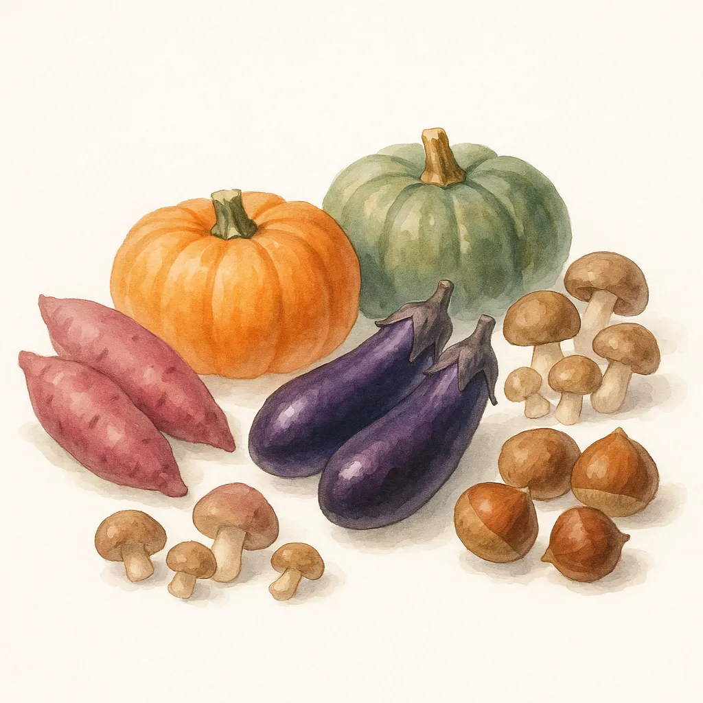 秋の野菜たちの彩り集合イラスト｜秋の野菜を中心にまとめた鮮やかな水彩イラスト。かぼちゃ、なす、きのこ、栗が色と形の対比で美しく配置されており、秋の実りの豊かさと穏やかさが伝わる構図。