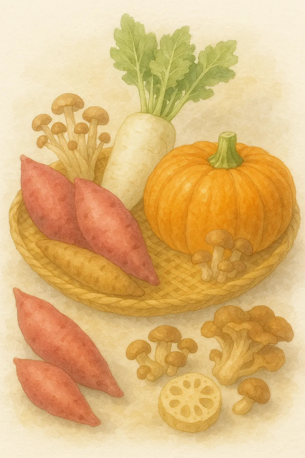 秋の野菜盛り合わせの和風画風｜竹ざるに秋の野菜を盛った日本的な構成で、全体をやわらかな黄味のトーンで包んだ画風。さつまいも、大根、かぼちゃなどがしっとりとした筆致で描かれ、穏やかな季節感を演出。