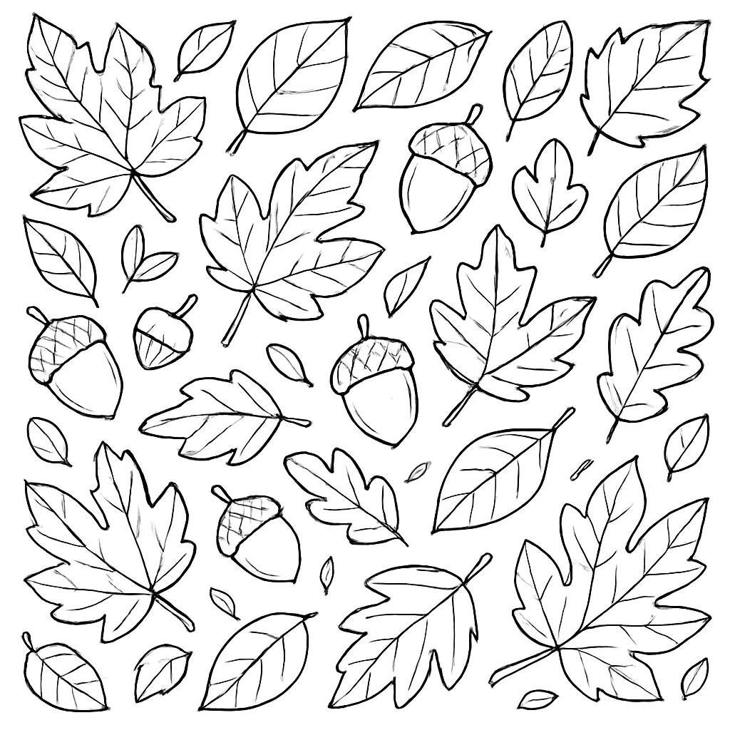 落ち葉とドングリの塗り絵秋｜さまざまな種類の落ち葉やドングリが散りばめられたパターン風の塗り絵秋。線は柔らかく親しみやすく、繰り返し模様のように楽しめる構成で、秋の自然を味わえます。