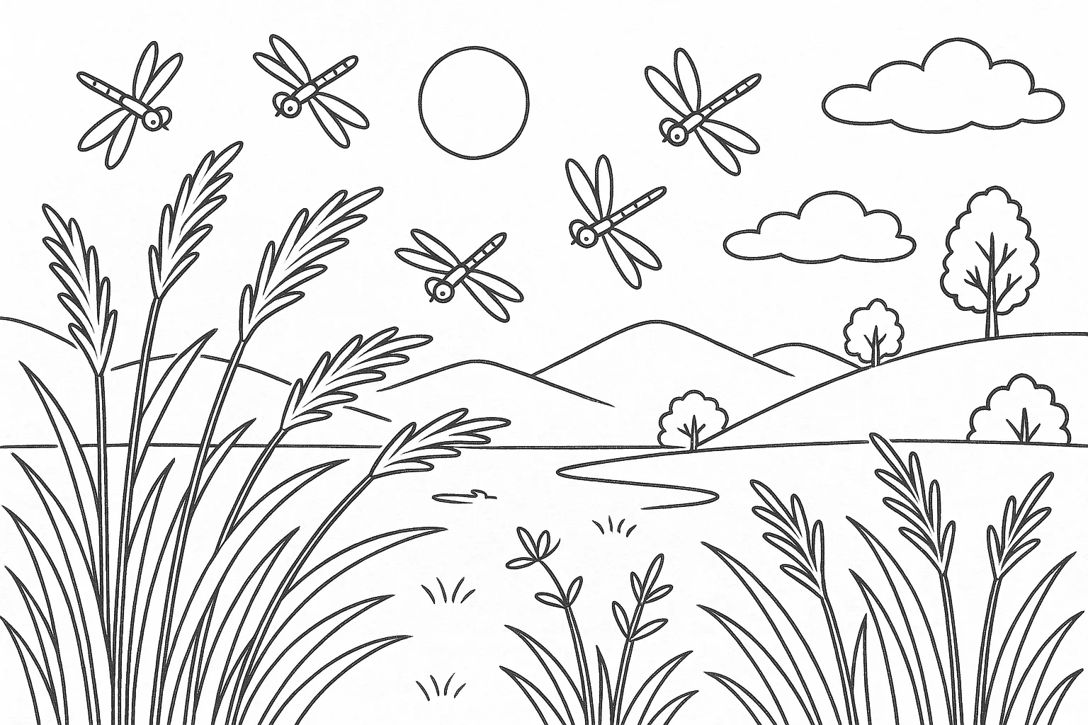 トンボとススキの風景塗り絵秋｜秋空を飛ぶトンボと、風に揺れるススキを主役にした塗り絵秋。すっきりとした線で描かれた自然の風景が、秋らしい穏やかな気分を引き立ててくれます。