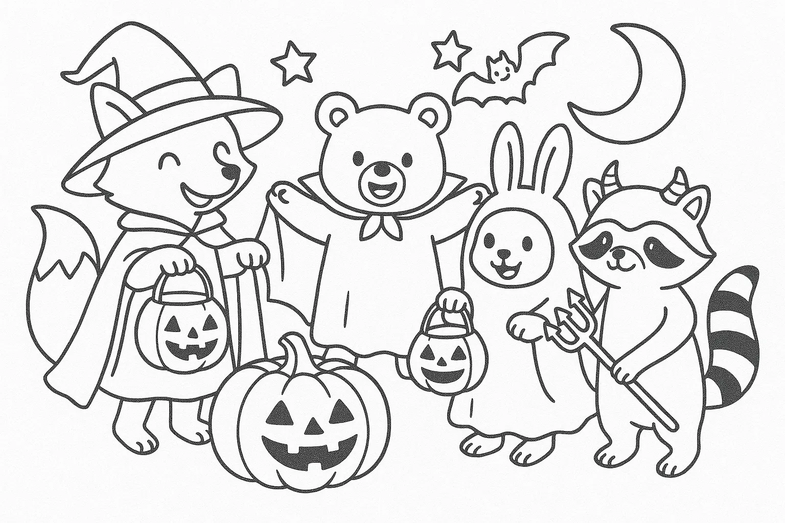 ハロウィン動物コスチューム塗り絵秋｜動物たちが魔法使いやお化けに仮装した可愛らしい塗り絵秋。やさしい線と親しみやすい表情で、子どもでも楽しく彩れるハロウィン気分満点の1枚です。
