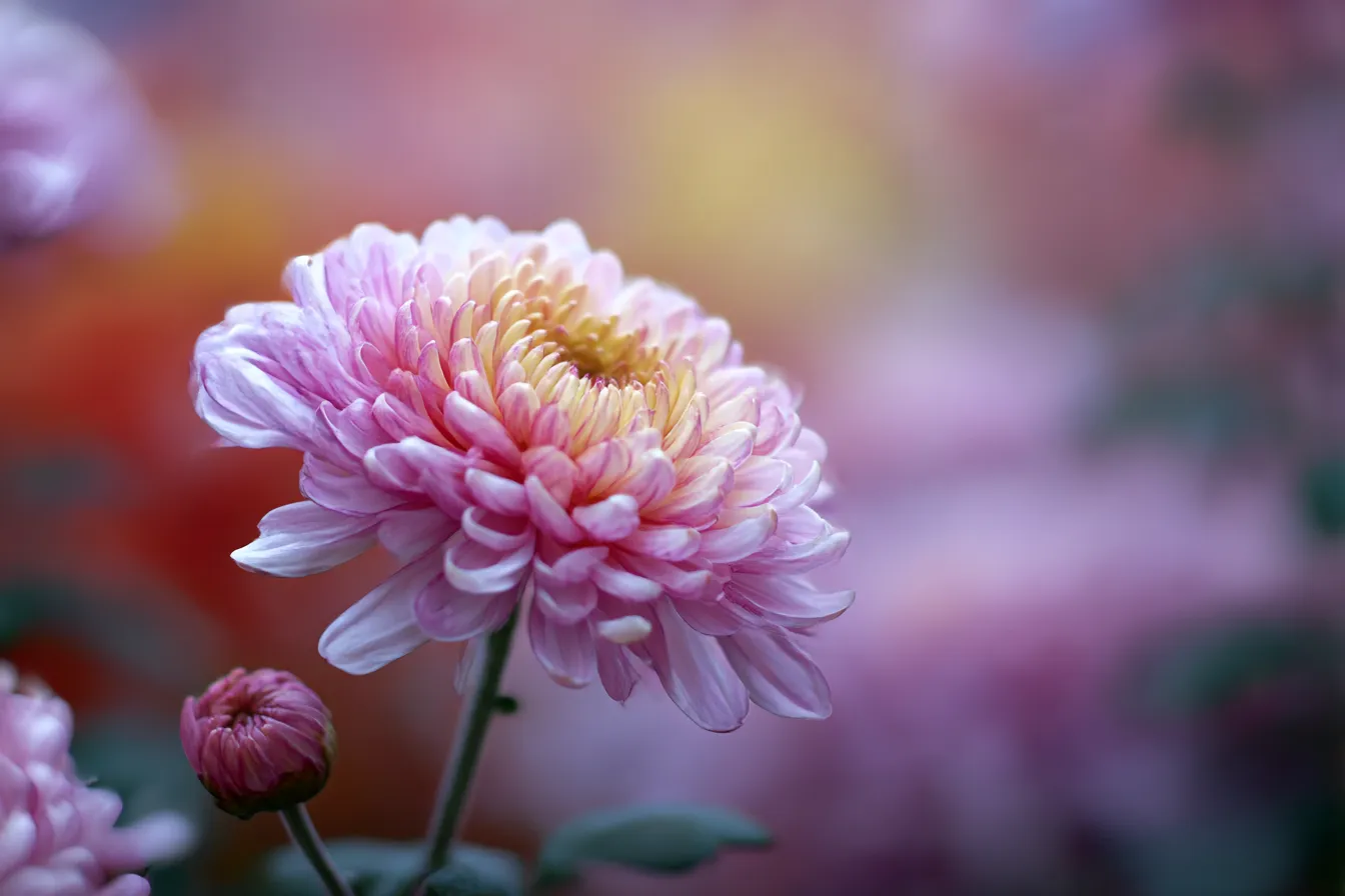 ふんわりと咲く菊の秋の花写真｜淡い紫と桃色が重なった菊を幻想的に捉えた秋の花写真。背景もぼかされており、優しく包み込まれるような印象を与えます。