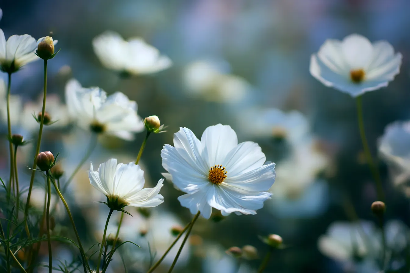 白いコスモスの清らかな秋の花写真｜透き通るような白いコスモスが主役の秋の花写真。繊細な花びらと柔らかな光が調和し、清らかでさわやかな印象を与えます。