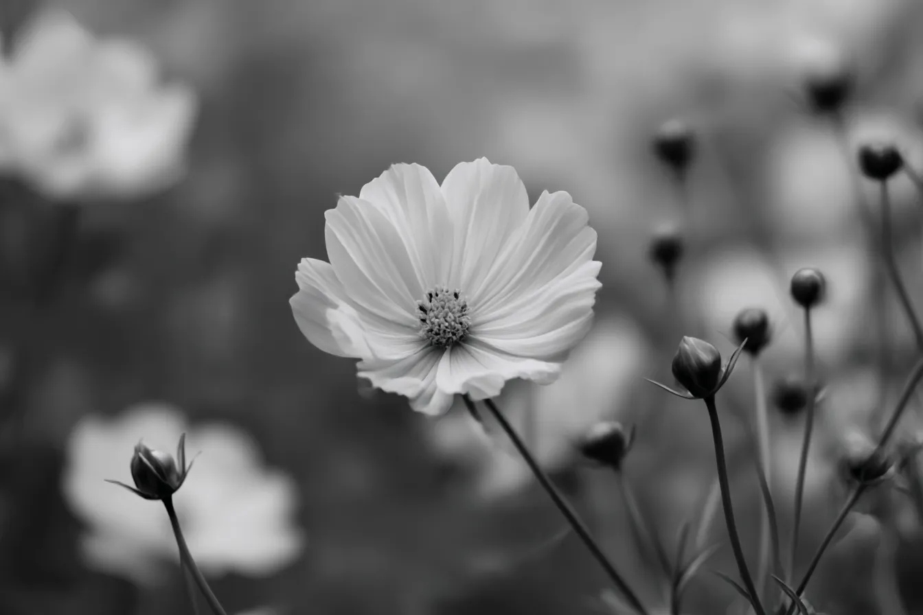 モノクロで撮るコスモスの秋の花写真｜白黒の階調で表現されたコスモスの秋の花写真。彩度を省いたことで花のフォルムと静けさが際立ち、叙情的な趣が感じられます。