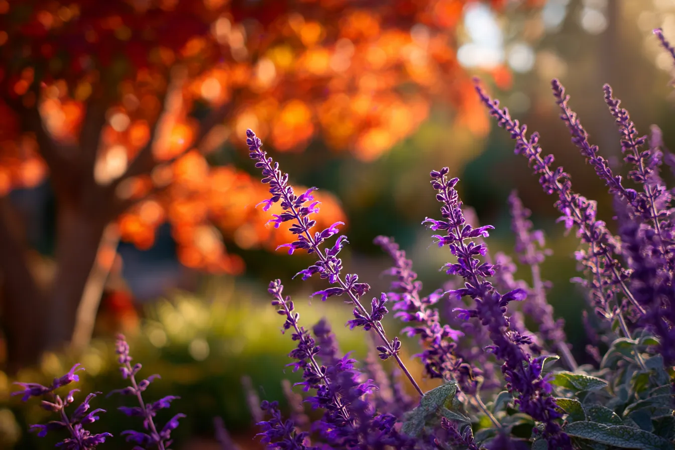 秋の紫の花写真・サルビアの彩り｜夕陽を受けたサルビアが紫に染まり、背景の紅葉と調和して幻想的な秋の風景を演出。やわらかなボケ感と光の演出で、温もりと深みを感じさせる写真スタイル。
