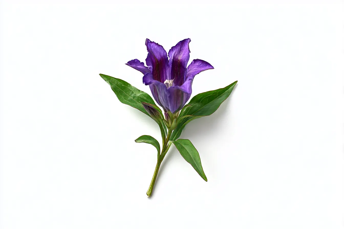 秋の紫の花写真・リンドウの静謐｜白背景に際立つリンドウの紫が凛とした印象。控えめな構図と落ち着いた色彩で、静寂と誠実さを感じさせるような植物図鑑的アプローチ。