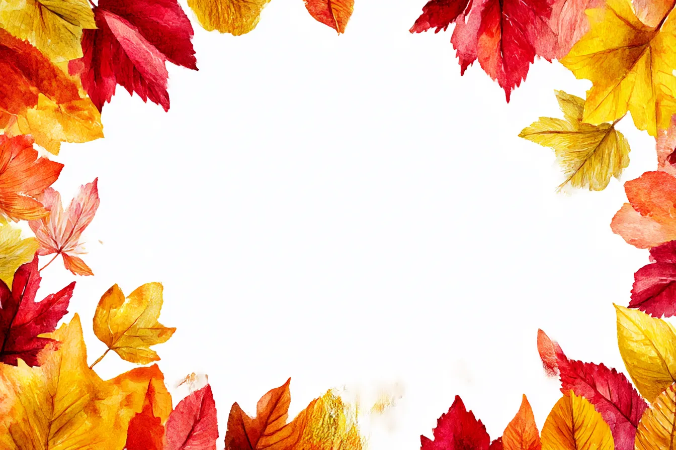 秋の葉っぱ フレーム構図の紅葉水彩｜赤や黄の葉を四辺に配置し、中央を空けたフレーム型構成の「秋の葉っぱ」。水彩ならではのにじみが美しく、優雅でナチュラルな雰囲気を醸し出す秋の彩りが魅力。