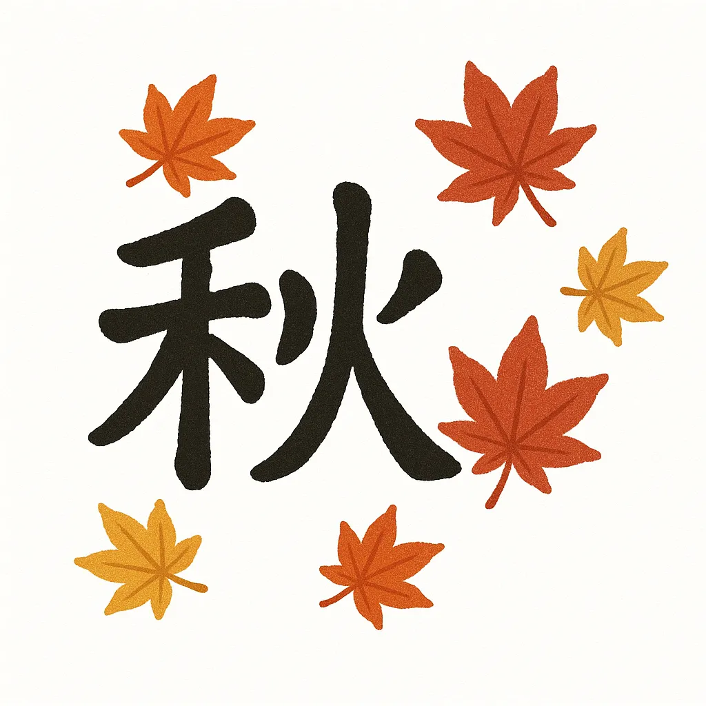 手書き秋の紅葉を散らした構図｜赤や黄の紅葉を手書き風に散りばめ、「秋」の文字を引き立てるデザイン。自然なかすれと優しい色使いで、落ち着きのある雰囲気に。素朴で親しみやすい手書き秋を表現した作品。