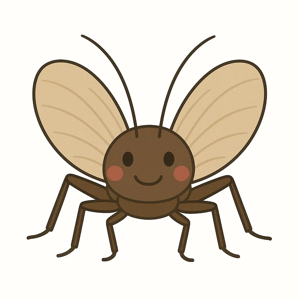 秋の虫 正面顔のスマイルキャラ虫｜真正面から描かれた笑顔の「秋の虫」キャラクター。羽を大きく広げたデザインが元気さを引き立て、左右対称の構成が安定感を与える、かわいく親しみやすい表現。