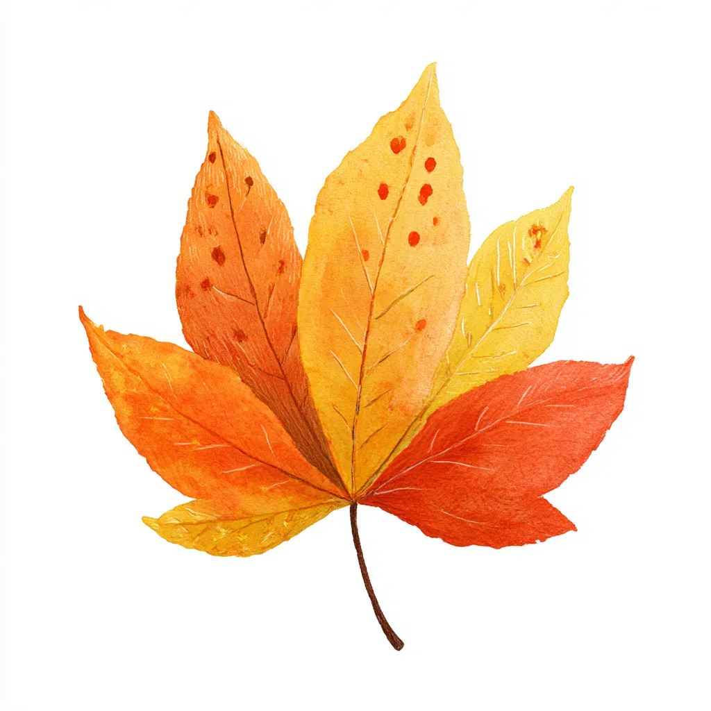 秋もみじ・色とりどりの紅葉セット｜秋らしい赤・黄・橙の葉を束ねたような構図。水彩ならではのにじみと重なりが豊かで、秋の彩りを多面的に楽しめる一枚。