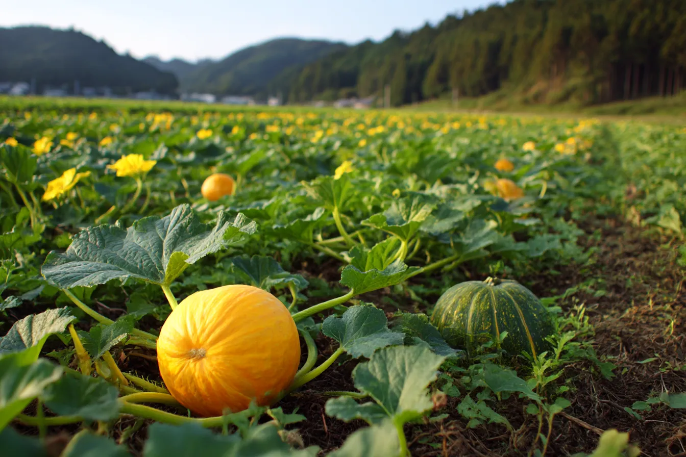 秋の野菜畑の風景写真｜秋の野菜が育つ広大な畑に、丸く実ったオレンジや緑のカボチャが点在。山々を背景に、青空と緑の葉のコントラストが爽やかさと自然の豊かさを感じさせる写真。