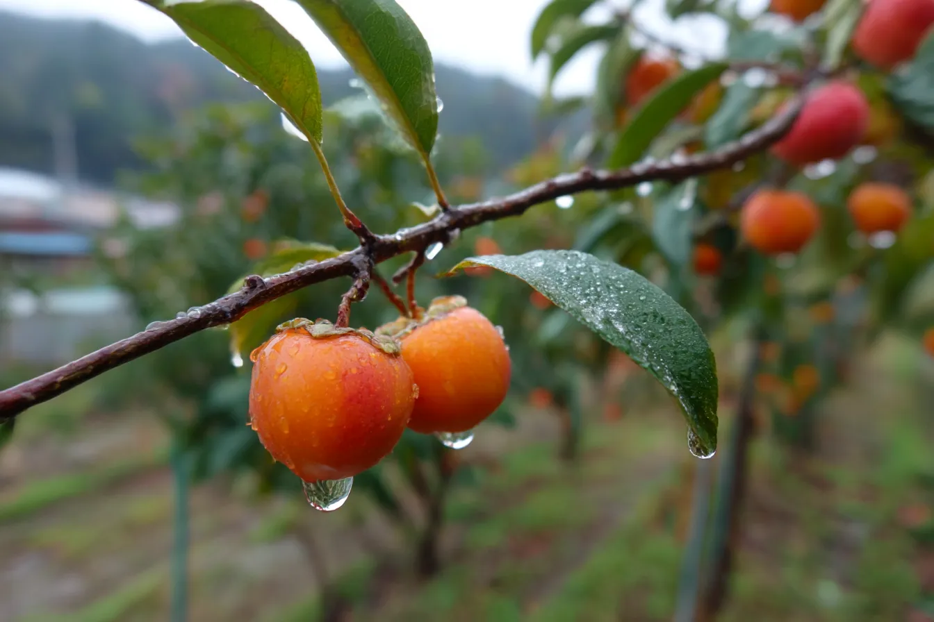 秋の果物柿の木の写真｜雨に濡れた柿の実が木の枝に実る様子を捉えた写真。滴る雫が瑞々しさと季節の移ろいを伝え、自然とのつながりや静けさを感じる情緒豊かな一枚。