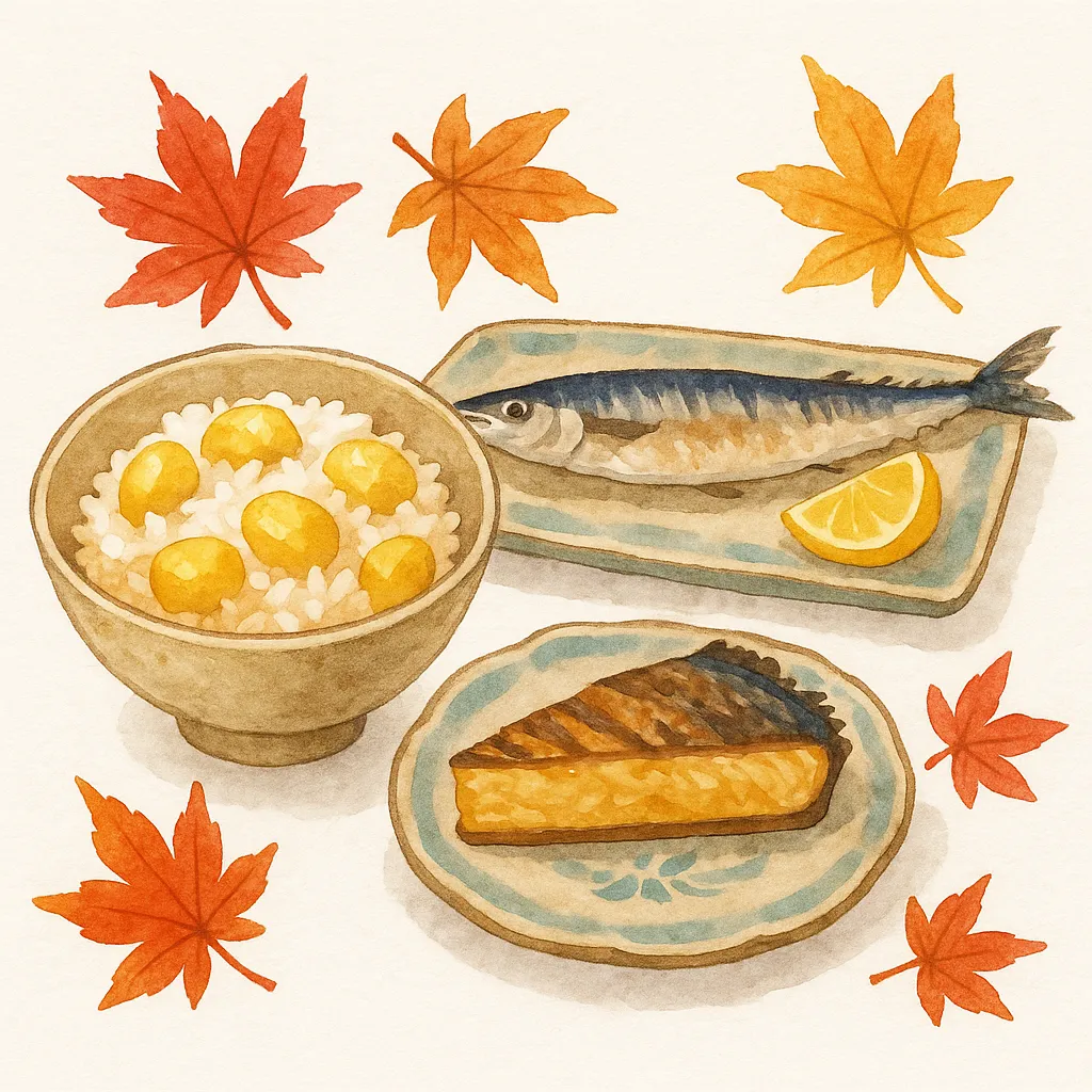 秋の食べ物と焼き魚のイラスト｜銀杏ご飯に焼きサンマと味噌漬け焼きが添えられた、和の秋の定番食を描いた水彩風イラスト。もみじの装飾が季節感を強調し、素朴で心温まる食卓の雰囲気を表現している。