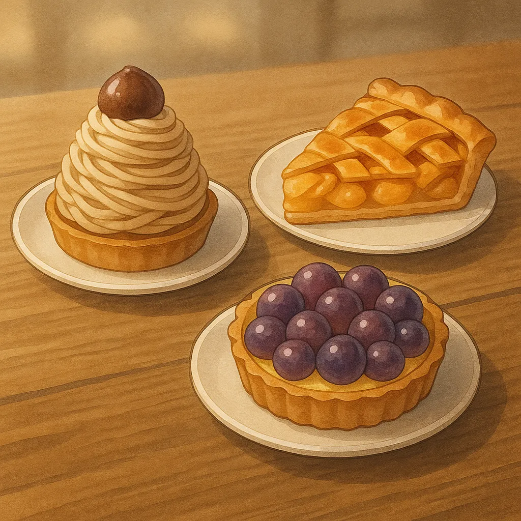 秋の食べ物のスイーツイラスト｜栗のモンブラン、アップルパイ、ぶどうタルトが並ぶ、秋の味覚をテーマにしたスイーツのイラスト。やわらかな茶系のトーンでまとめられた温かく上品なデザインが特徴。
