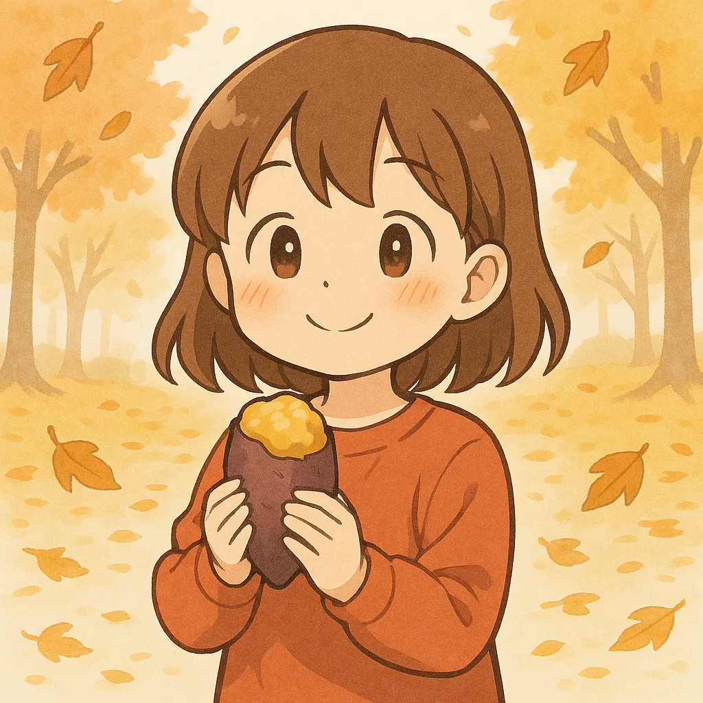 秋の食べ物と焼き芋の女の子｜紅葉舞う森の中、焼き芋を手にした少女がほほ笑むイラスト。ほのぼのとした色調とアニメ風の可愛い描写が秋の味覚の嬉しさと季節のやさしさを優しく伝えてくれる。