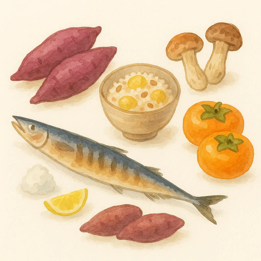 秋の食べ物と秋刀魚ごはん盛り｜秋刀魚、銀杏ごはん、さつまいも、きのこ、柿などがバランスよく配置された、秋の味覚の詰まった一枚。温かみある水彩タッチで描かれ、季節の彩りが食卓に広がる構成。