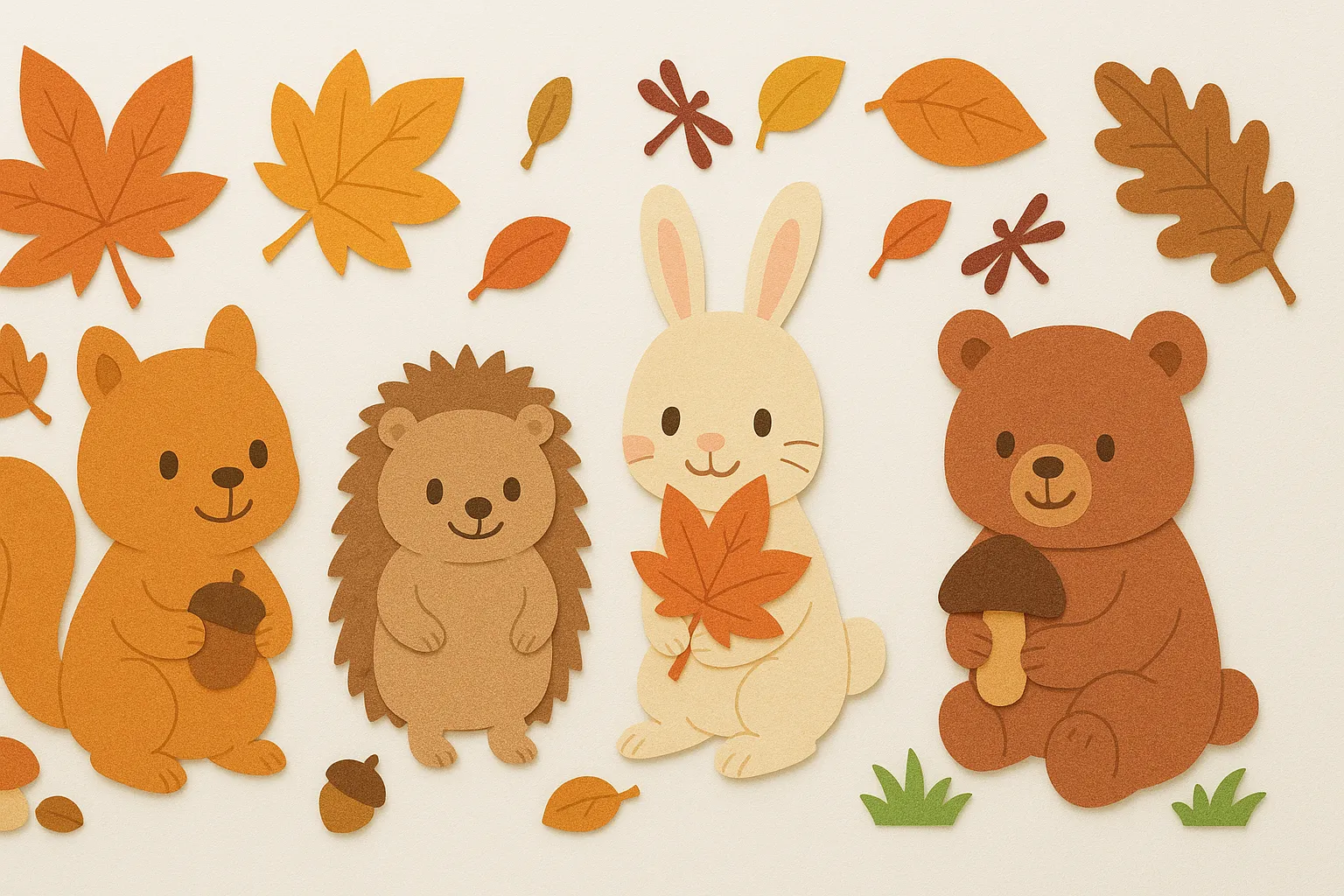 かわいい秋の壁面と森の仲間たち｜くま、うさぎ、はりねずみ、りすなど森の動物たちが紅葉の中で楽しく過ごす様子を描いた構成。ナチュラルカラーと丸みある形が安心感とかわいらしさを際立たせる壁面デザイン。