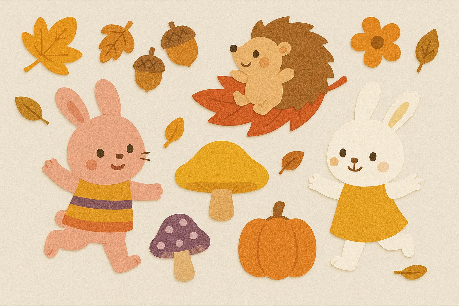 かわいい秋の壁面とうさぎの遊び｜紅葉とどんぐりに囲まれたうさぎたちが元気に駆け回る構図。キノコやカボチャの秋モチーフが彩りを添え、にぎやかで明るい雰囲気を保育や季節装飾にぴったりの壁面として表現。