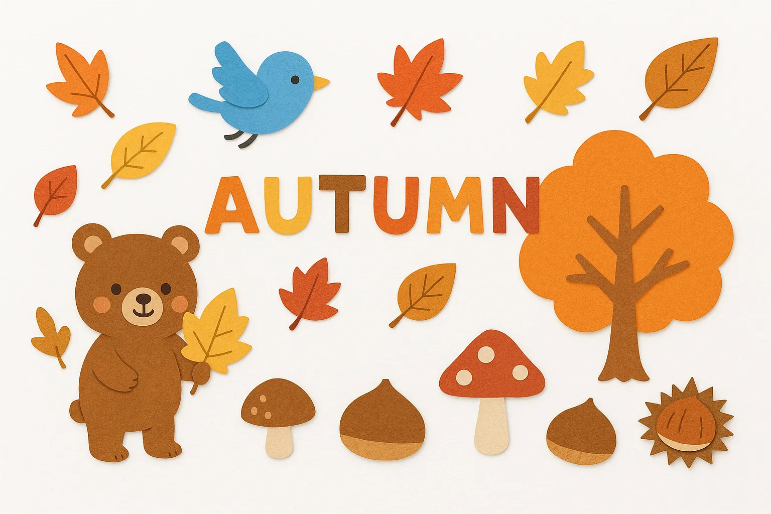 かわいい秋の壁面とAUTUMN文字｜「AUTUMN」の文字を中心に、くまやキノコ、どんぐり、木の葉などの秋らしいモチーフを明るい色調で配置。構成バランスが良く、季節の変化を楽しむ演出に適した壁面イラスト。