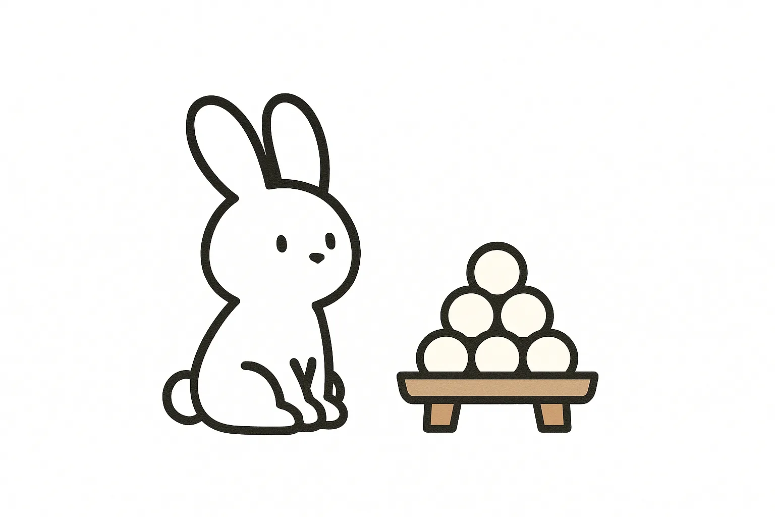 お月見うさぎと供えられた団子｜正面を見つめるうさぎと、整然と積まれた団子が描かれた優しいタッチのイラスト。輪郭の太さが安心感を与え、どこか懐かしい素朴な雰囲気が漂います。