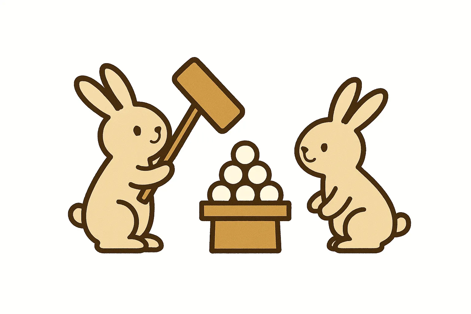 もちつきするお月見うさぎたち｜杵とうさぎと団子を中心に構成された、物語性のある可愛らしいイラスト。動きのあるポーズと落ち着いた配色が、季節の行事らしい温かみを伝えています。