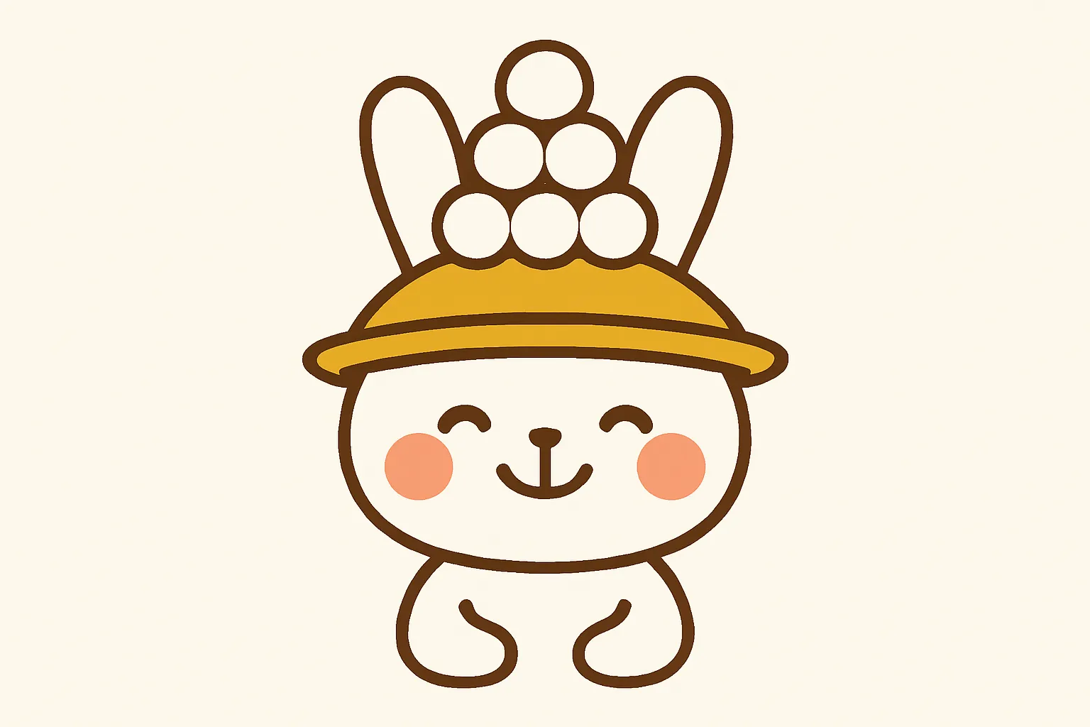 帽子に団子を乗せたお月見うさぎ｜お月見団子を帽子に乗せた笑顔のうさぎが愛らしいイラスト。明るい背景とパステル調の色合いがやわらかく、親しみやすさとユーモアを感じさせます。