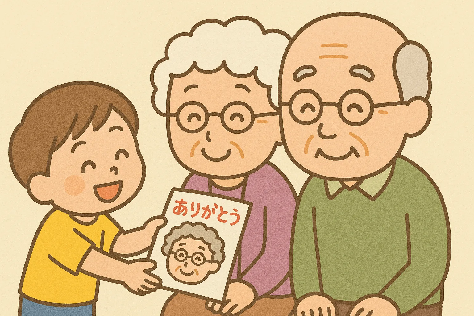 子どもとカードのかわいい敬老の日｜子どもが手作りの「ありがとう」カードを祖父母に渡す、心温まる場面を描いたイラスト。柔らかな線と淡い色彩で、感謝の気持ちが優しく伝わります。