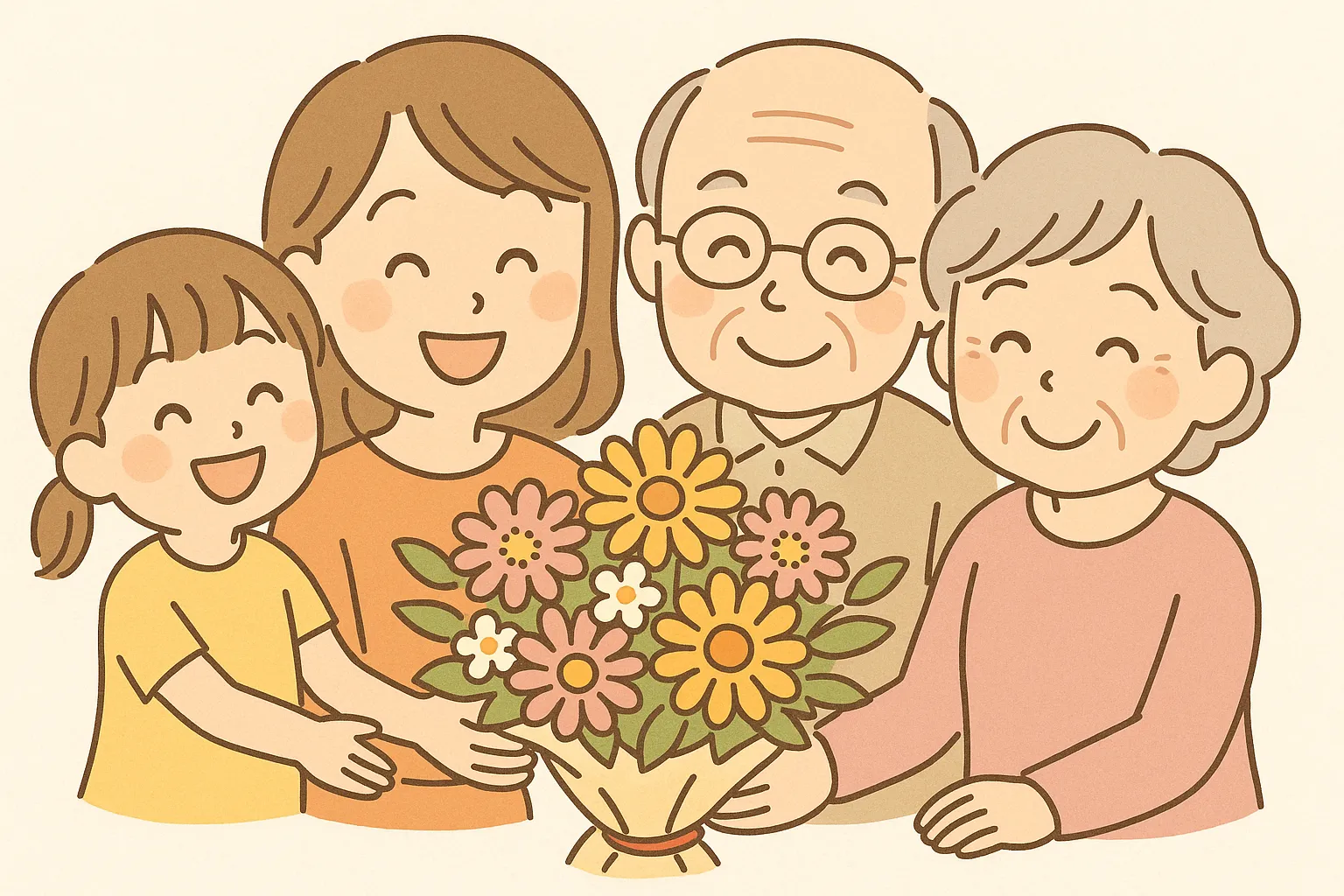 家族で花束のかわいい敬老の日｜笑顔あふれる三世代家族が花束を手に集まった明るいイラスト。優しいタッチと彩り豊かな花が、温かい団らんの雰囲気を演出しています。