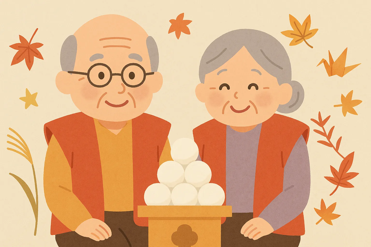 お月見団子と紅葉のかわいい敬老の日｜秋の風情を感じる紅葉とすすきの中、お月見団子を前に微笑む祖父母を描いた一枚。落ち着いた色合いが、穏やかな季節の敬老の日を象徴します。