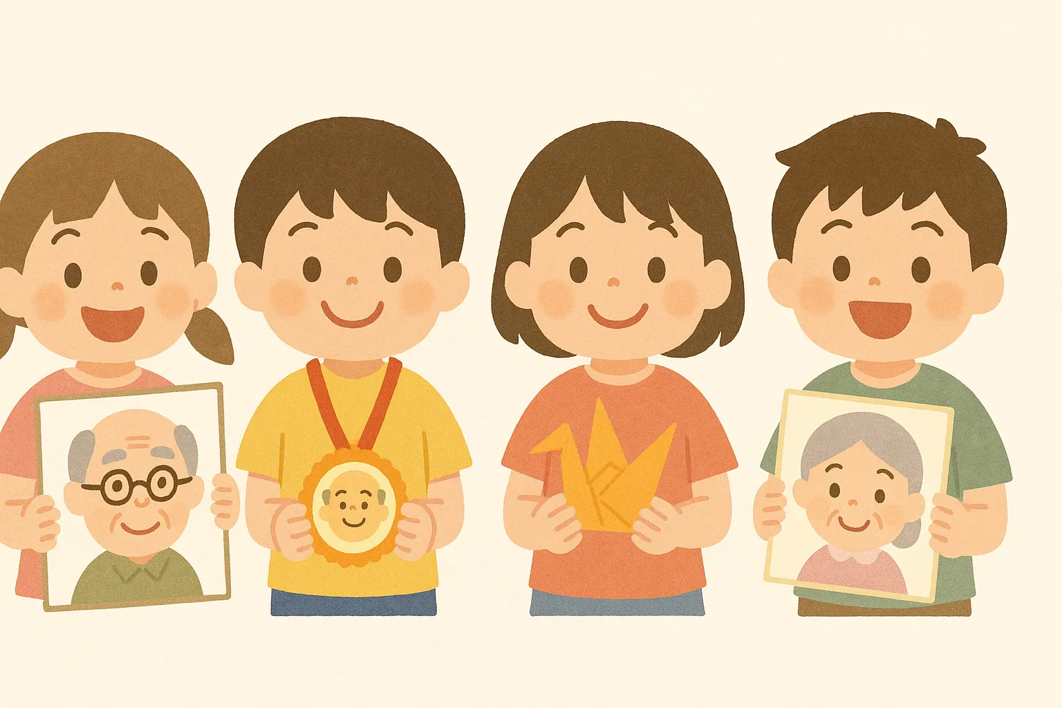 子どもたちの作品とかわいい敬老の日｜似顔絵や折り紙を手にした子どもたちの姿が並ぶ、にぎやかで心和むイラスト。ふんわりとした線と色使いで、手作りのぬくもりが伝わります。