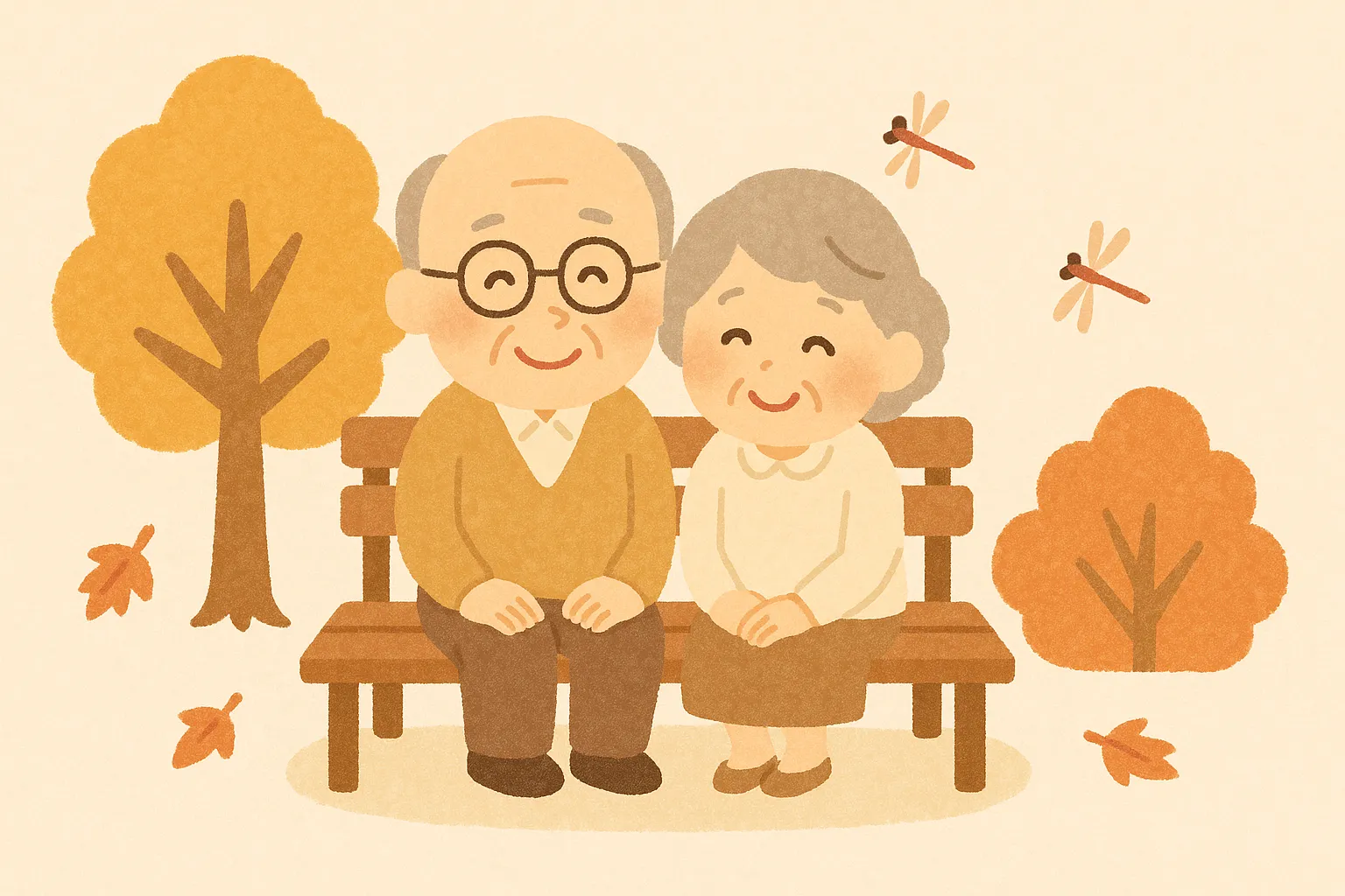 公園のベンチのかわいい敬老の日｜紅葉した木々とトンボが舞う公園で、ベンチに座る仲睦まじい祖父母の姿が印象的。やわらかなタッチと落ち着いた秋色で、優しさあふれる一枚です。