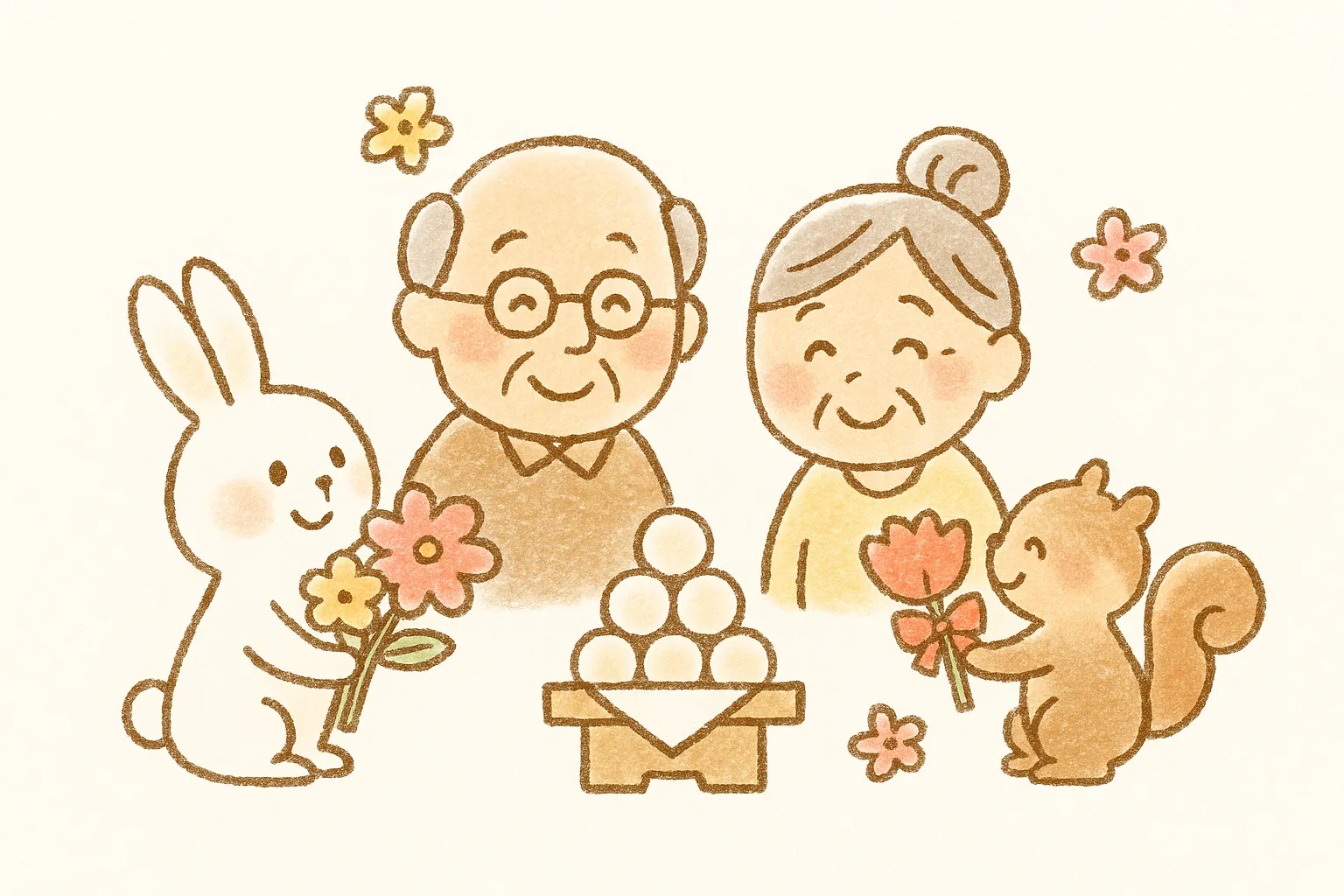 花束とうさぎの手書き敬老の日｜団子を囲む祖父母と花を贈るうさぎとリスの温かいシーン。クレヨン風のタッチとやわらかな線が、童話のような優しさを醸し出しています。