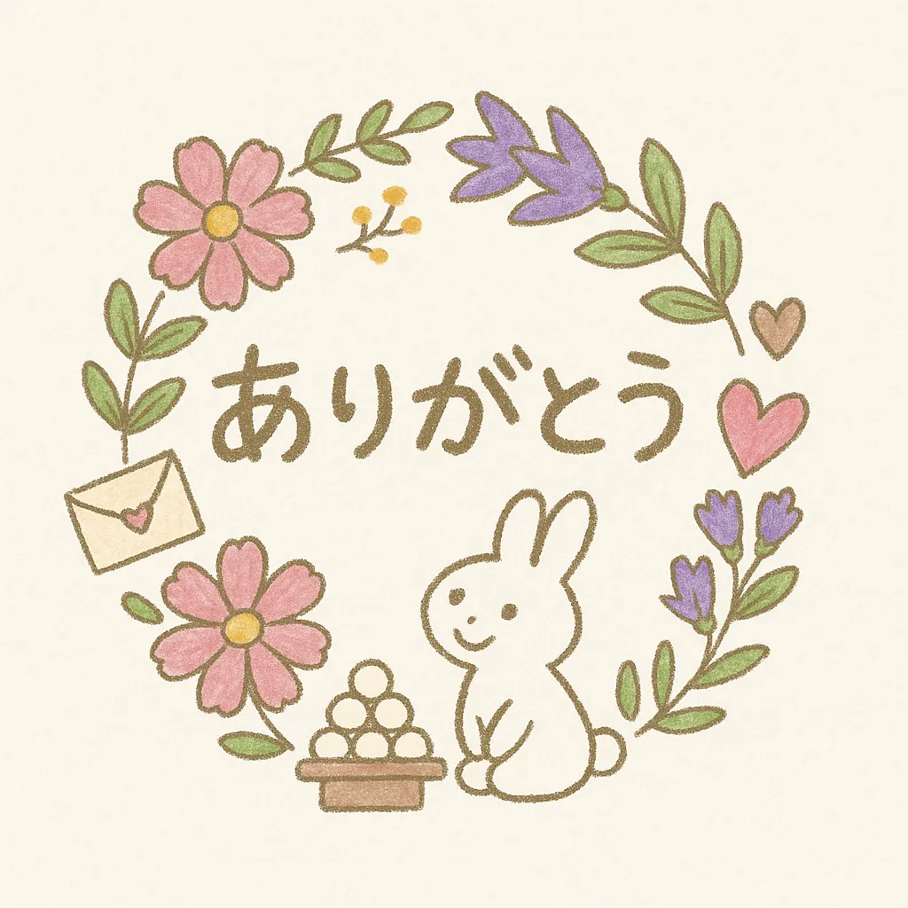 リースとメッセージの手書き敬老の日｜草花やハートで囲まれた「ありがとう」の文字とお月見うさぎが印象的。手書き風の素朴な線が、やさしい気持ちをまっすぐに伝えてくれます。