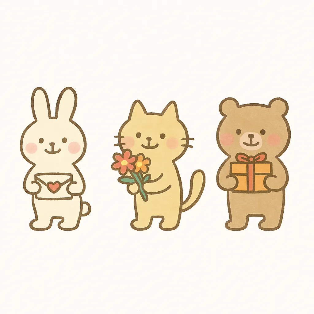 動物たちの贈り物と手書き敬老の日｜手紙・花・プレゼントを持つうさぎ・ネコ・くまが並ぶ愛らしい構図。明るくフラットな配色で、シンプルながらも心が和む可愛らしさが魅力です。