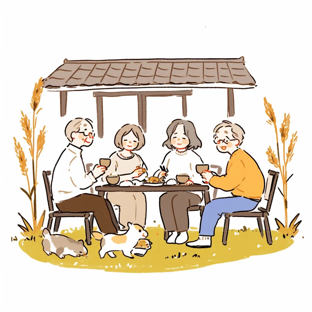 家族団らんの手書き敬老の日｜秋の庭先で食卓を囲む三世代家族と動物たちのイラスト。白背景にナチュラルな線と落ち着いた色が、丁寧でほのぼのとした暮らしを描き出しています。